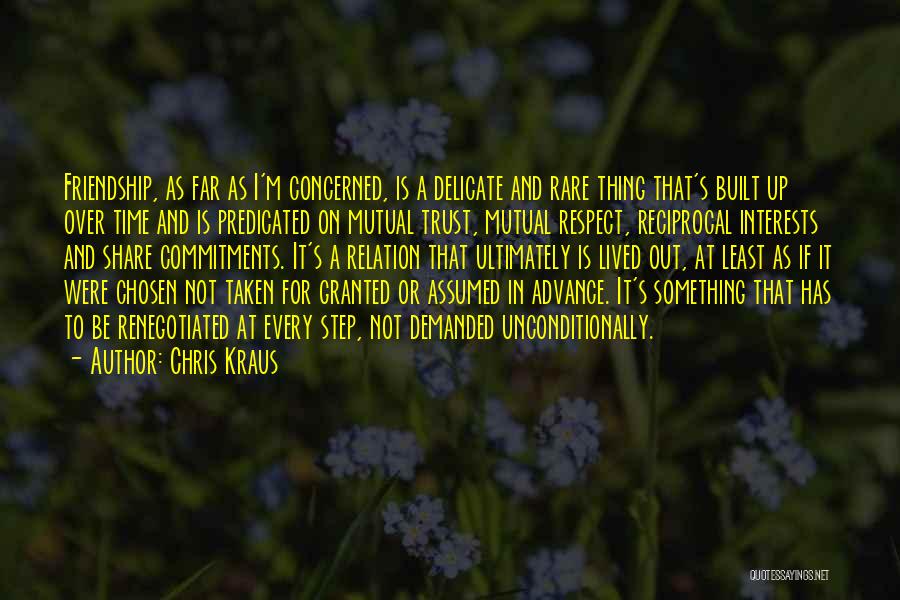 Chris Kraus Quotes: Friendship, As Far As I'm Concerned, Is A Delicate And Rare Thing That's Built Up Over Time And Is Predicated