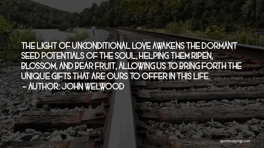 John Welwood Quotes: The Light Of Unconditional Love Awakens The Dormant Seed Potentials Of The Soul, Helping Them Ripen, Blossom, And Bear Fruit,