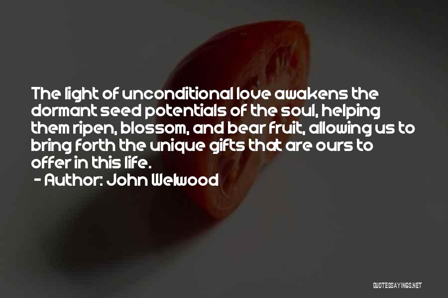 John Welwood Quotes: The Light Of Unconditional Love Awakens The Dormant Seed Potentials Of The Soul, Helping Them Ripen, Blossom, And Bear Fruit,