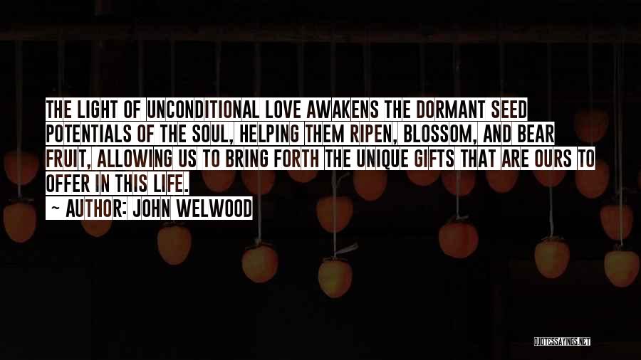 John Welwood Quotes: The Light Of Unconditional Love Awakens The Dormant Seed Potentials Of The Soul, Helping Them Ripen, Blossom, And Bear Fruit,