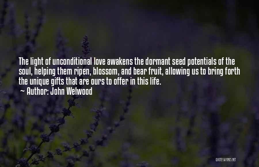 John Welwood Quotes: The Light Of Unconditional Love Awakens The Dormant Seed Potentials Of The Soul, Helping Them Ripen, Blossom, And Bear Fruit,