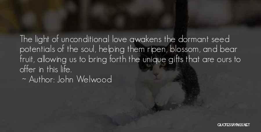 John Welwood Quotes: The Light Of Unconditional Love Awakens The Dormant Seed Potentials Of The Soul, Helping Them Ripen, Blossom, And Bear Fruit,