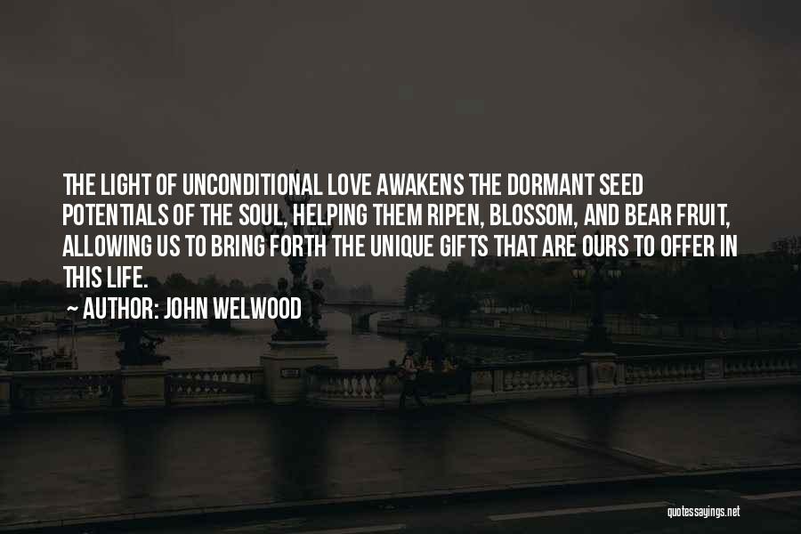 John Welwood Quotes: The Light Of Unconditional Love Awakens The Dormant Seed Potentials Of The Soul, Helping Them Ripen, Blossom, And Bear Fruit,