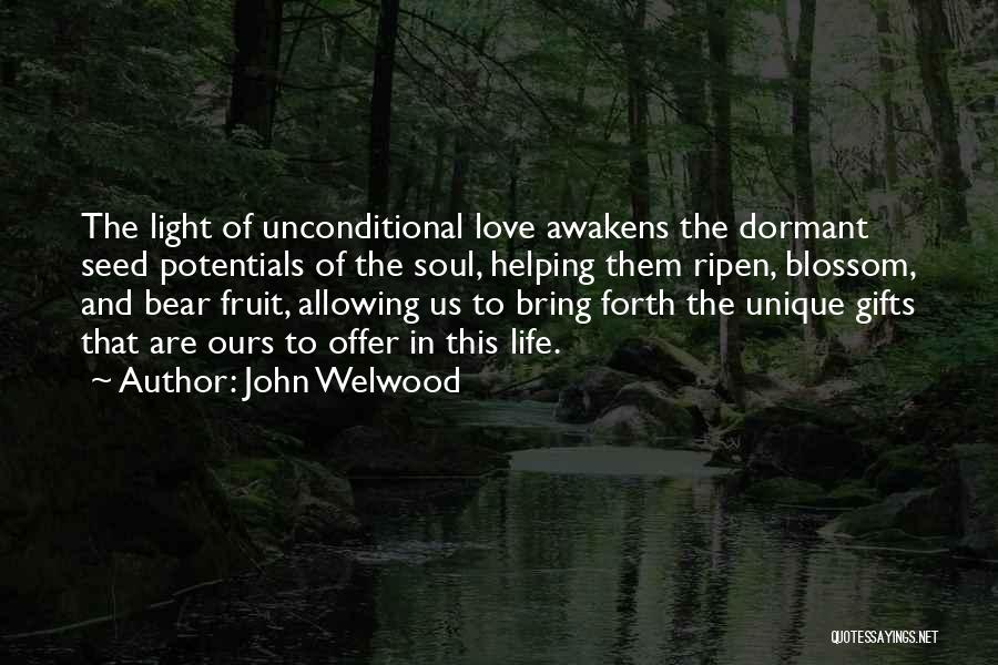 John Welwood Quotes: The Light Of Unconditional Love Awakens The Dormant Seed Potentials Of The Soul, Helping Them Ripen, Blossom, And Bear Fruit,