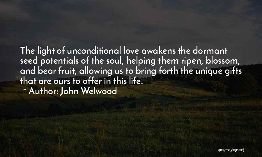 John Welwood Quotes: The Light Of Unconditional Love Awakens The Dormant Seed Potentials Of The Soul, Helping Them Ripen, Blossom, And Bear Fruit,