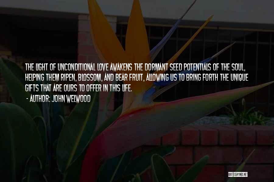 John Welwood Quotes: The Light Of Unconditional Love Awakens The Dormant Seed Potentials Of The Soul, Helping Them Ripen, Blossom, And Bear Fruit,