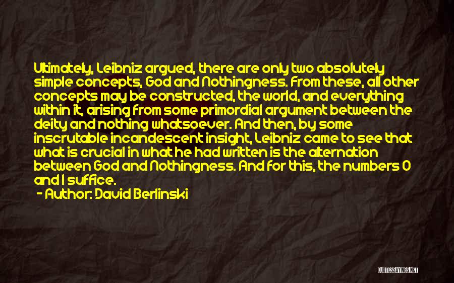 David Berlinski Quotes: Ultimately, Leibniz Argued, There Are Only Two Absolutely Simple Concepts, God And Nothingness. From These, All Other Concepts May Be