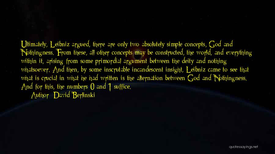 David Berlinski Quotes: Ultimately, Leibniz Argued, There Are Only Two Absolutely Simple Concepts, God And Nothingness. From These, All Other Concepts May Be