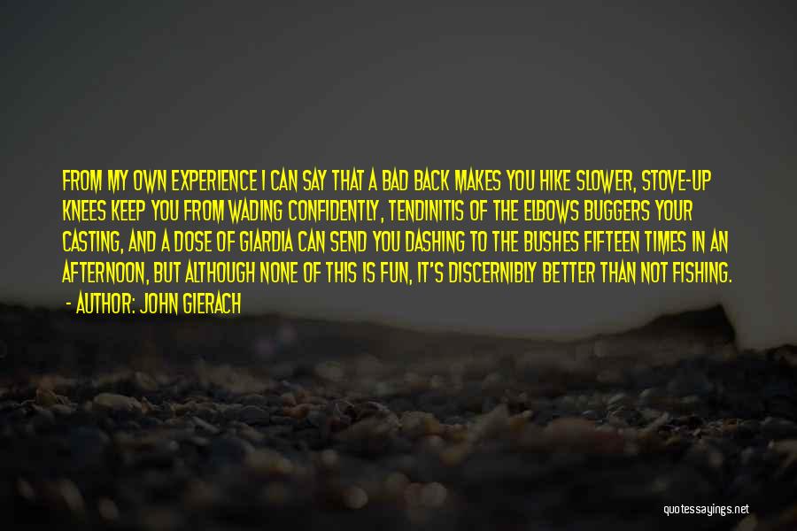 John Gierach Quotes: From My Own Experience I Can Say That A Bad Back Makes You Hike Slower, Stove-up Knees Keep You From