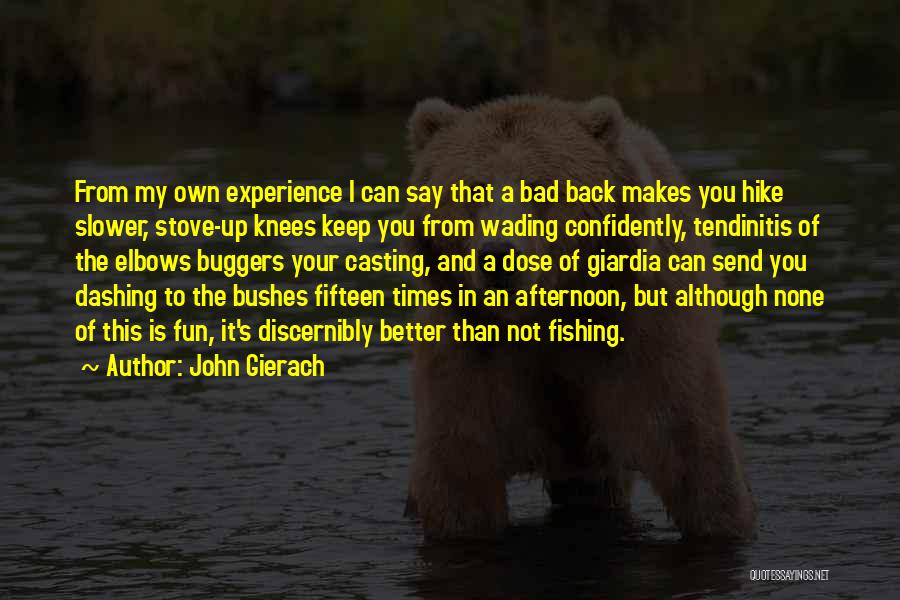 John Gierach Quotes: From My Own Experience I Can Say That A Bad Back Makes You Hike Slower, Stove-up Knees Keep You From