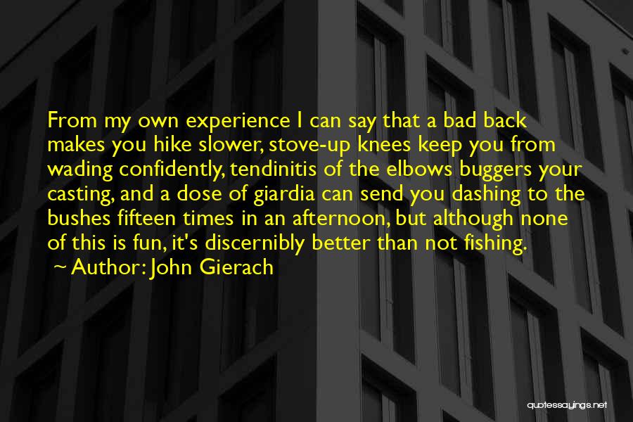 John Gierach Quotes: From My Own Experience I Can Say That A Bad Back Makes You Hike Slower, Stove-up Knees Keep You From