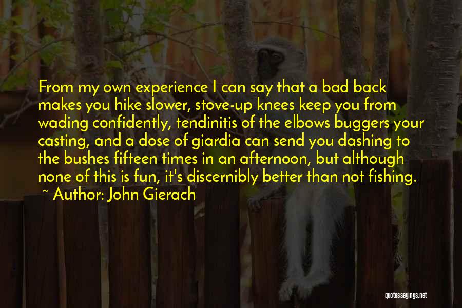 John Gierach Quotes: From My Own Experience I Can Say That A Bad Back Makes You Hike Slower, Stove-up Knees Keep You From