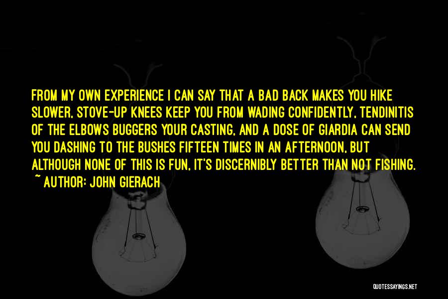 John Gierach Quotes: From My Own Experience I Can Say That A Bad Back Makes You Hike Slower, Stove-up Knees Keep You From