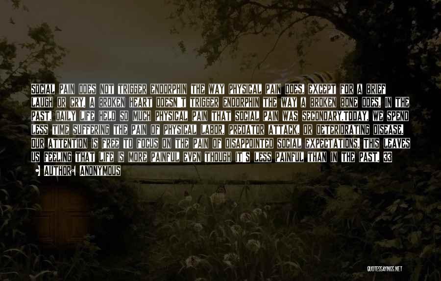 Anonymous Quotes: Social Pain Does Not Trigger Endorphin The Way Physical Pain Does, Except For A Brief Laugh Or Cry. A Broken