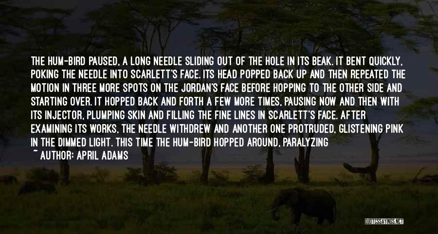 April Adams Quotes: The Hum-bird Paused, A Long Needle Sliding Out Of The Hole In Its Beak. It Bent Quickly, Poking The Needle