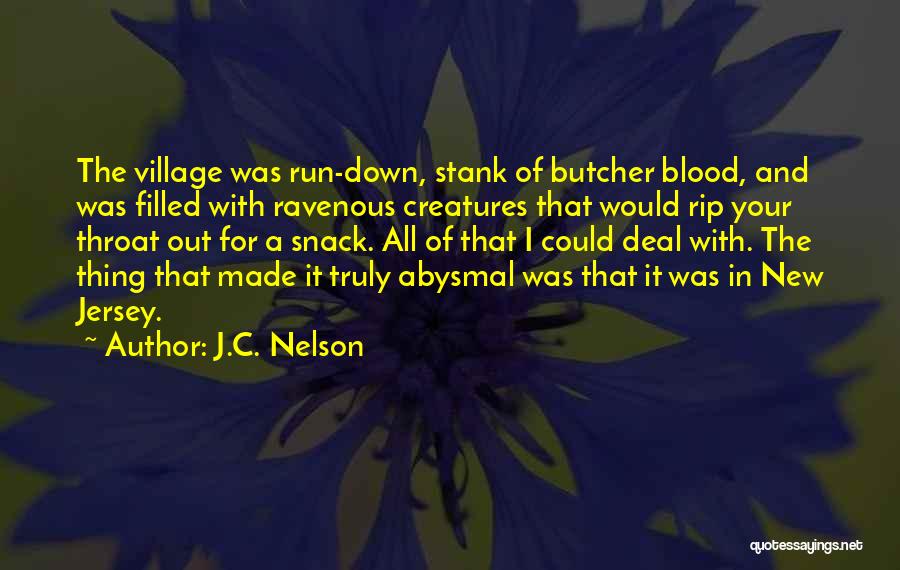 J.C. Nelson Quotes: The Village Was Run-down, Stank Of Butcher Blood, And Was Filled With Ravenous Creatures That Would Rip Your Throat Out