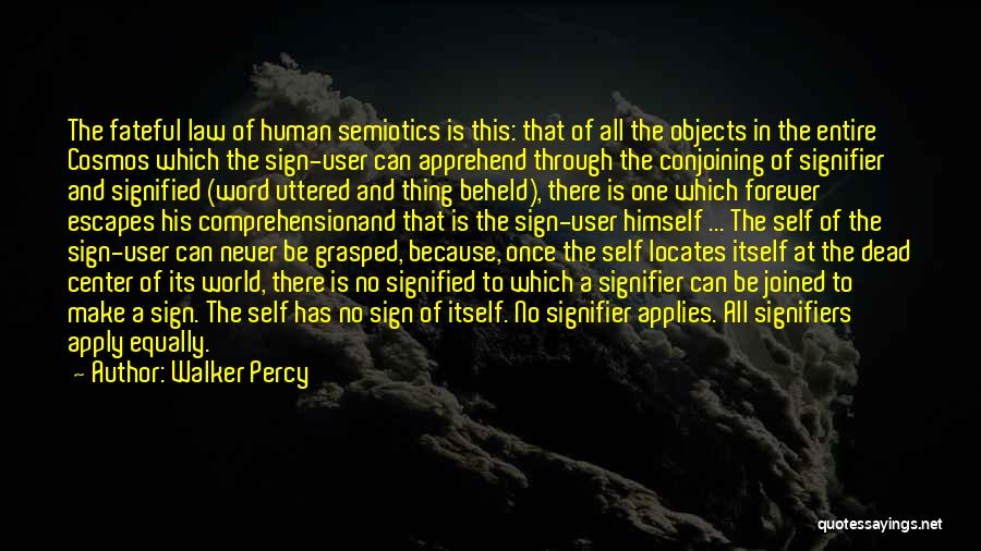 Walker Percy Quotes: The Fateful Law Of Human Semiotics Is This: That Of All The Objects In The Entire Cosmos Which The Sign-user