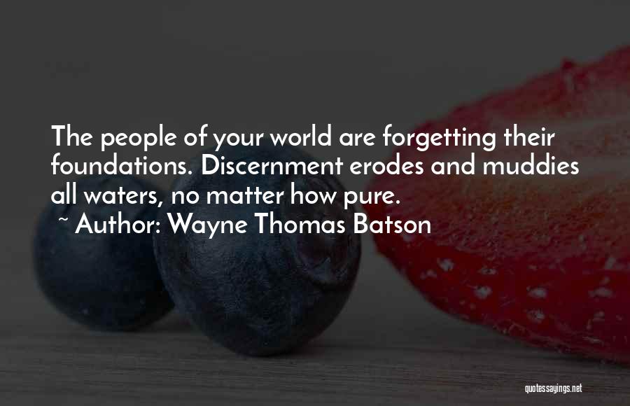 Wayne Thomas Batson Quotes: The People Of Your World Are Forgetting Their Foundations. Discernment Erodes And Muddies All Waters, No Matter How Pure.