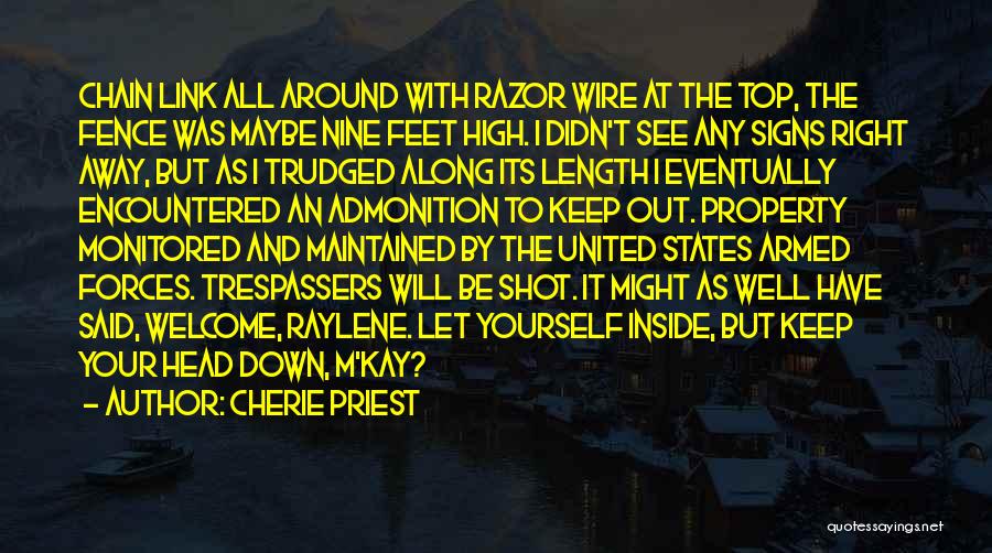 Cherie Priest Quotes: Chain Link All Around With Razor Wire At The Top, The Fence Was Maybe Nine Feet High. I Didn't See