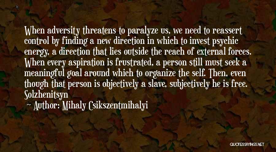 Mihaly Csikszentmihalyi Quotes: When Adversity Threatens To Paralyze Us, We Need To Reassert Control By Finding A New Direction In Which To Invest