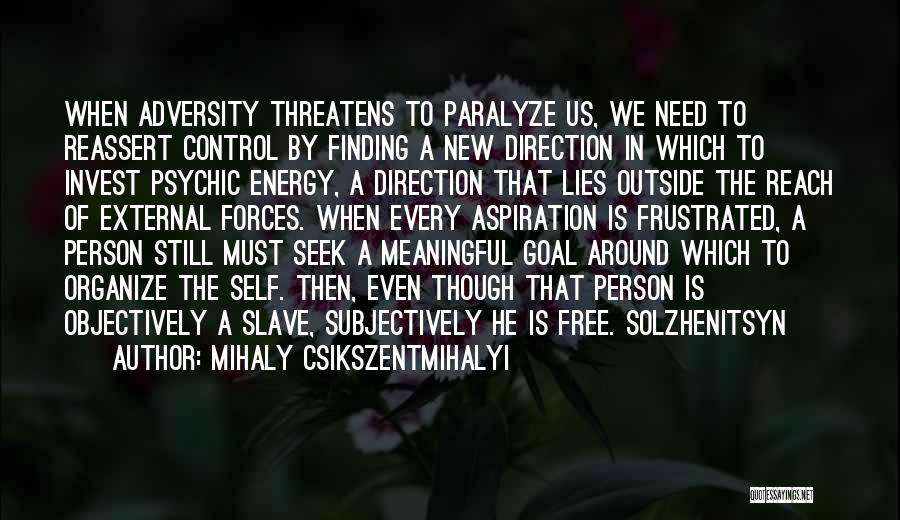 Mihaly Csikszentmihalyi Quotes: When Adversity Threatens To Paralyze Us, We Need To Reassert Control By Finding A New Direction In Which To Invest