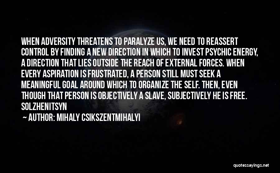 Mihaly Csikszentmihalyi Quotes: When Adversity Threatens To Paralyze Us, We Need To Reassert Control By Finding A New Direction In Which To Invest