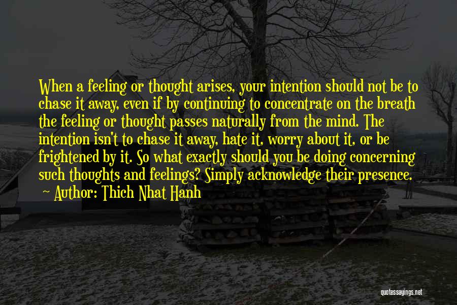 Thich Nhat Hanh Quotes: When A Feeling Or Thought Arises, Your Intention Should Not Be To Chase It Away, Even If By Continuing To