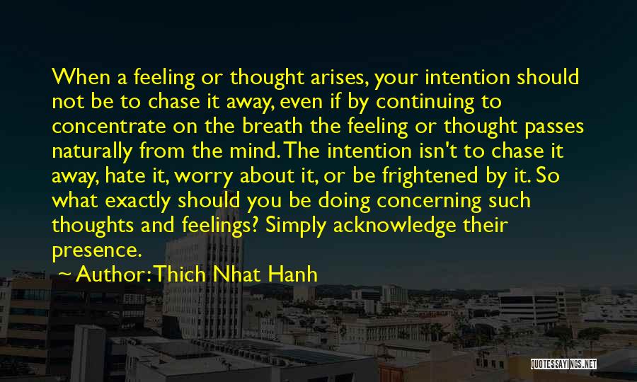 Thich Nhat Hanh Quotes: When A Feeling Or Thought Arises, Your Intention Should Not Be To Chase It Away, Even If By Continuing To
