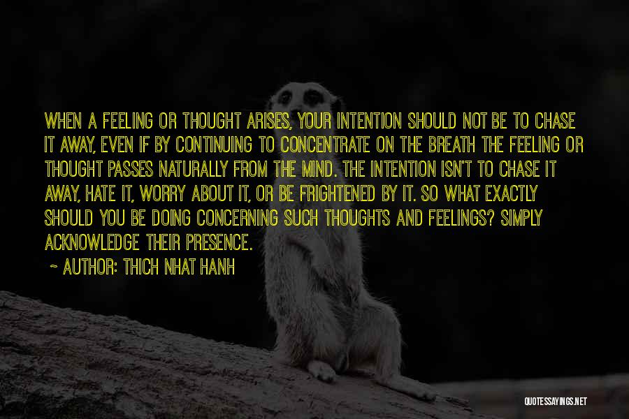 Thich Nhat Hanh Quotes: When A Feeling Or Thought Arises, Your Intention Should Not Be To Chase It Away, Even If By Continuing To