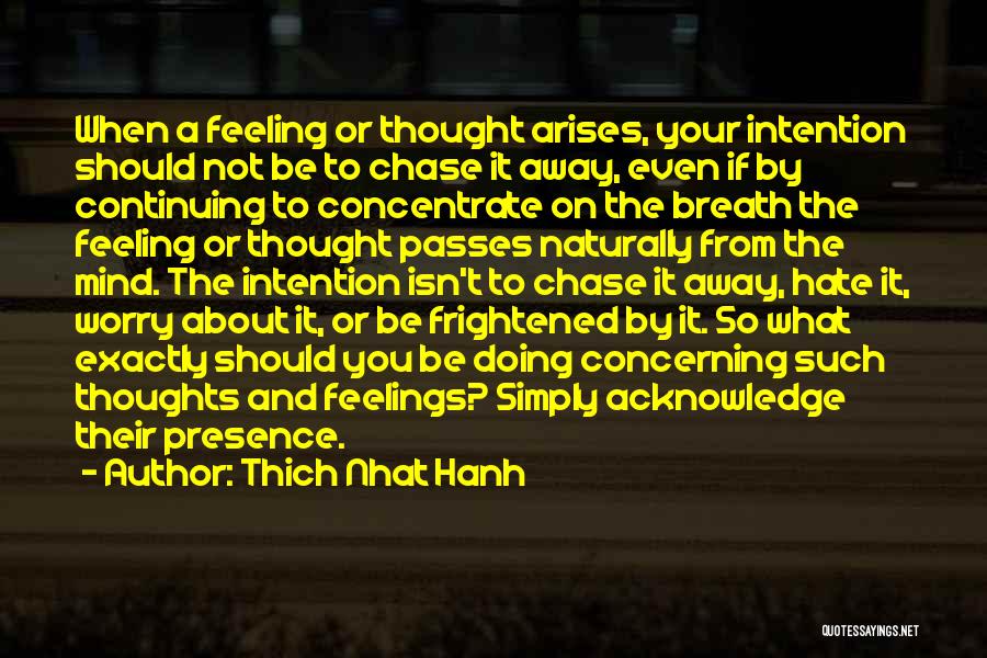 Thich Nhat Hanh Quotes: When A Feeling Or Thought Arises, Your Intention Should Not Be To Chase It Away, Even If By Continuing To