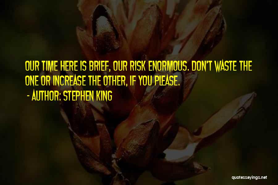 Stephen King Quotes: Our Time Here Is Brief, Our Risk Enormous. Don't Waste The One Or Increase The Other, If You Please.