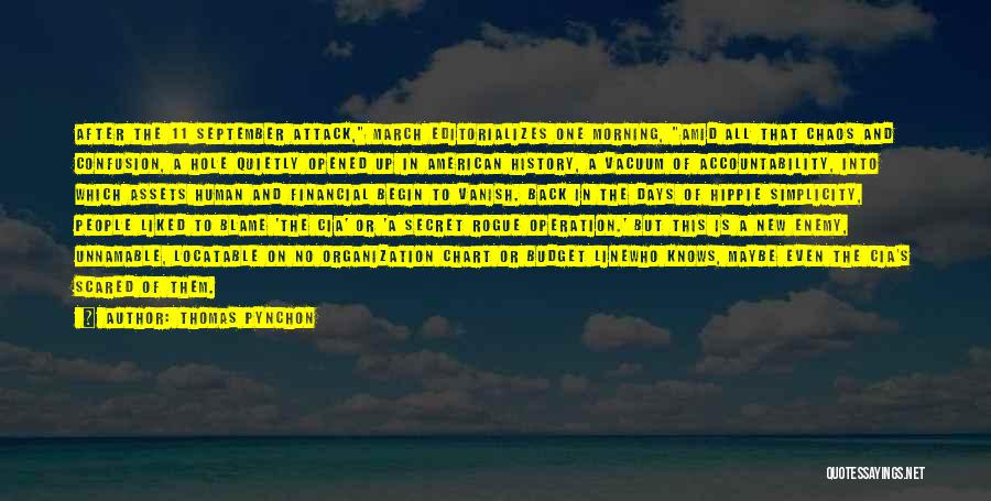 Thomas Pynchon Quotes: After The 11 September Attack, March Editorializes One Morning, Amid All That Chaos And Confusion, A Hole Quietly Opened Up