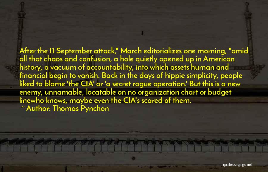 Thomas Pynchon Quotes: After The 11 September Attack, March Editorializes One Morning, Amid All That Chaos And Confusion, A Hole Quietly Opened Up