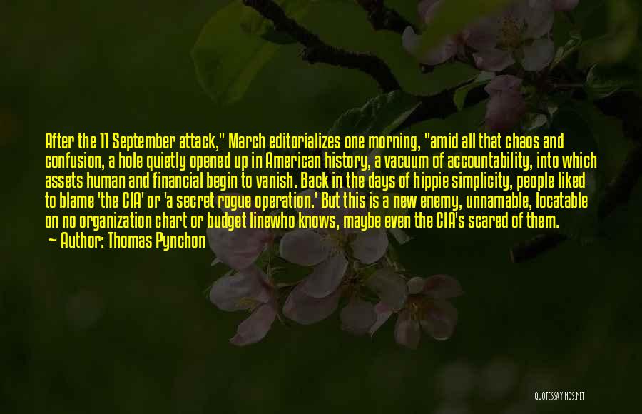 Thomas Pynchon Quotes: After The 11 September Attack, March Editorializes One Morning, Amid All That Chaos And Confusion, A Hole Quietly Opened Up