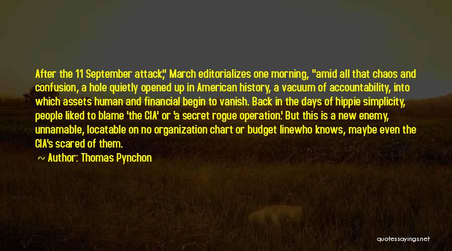 Thomas Pynchon Quotes: After The 11 September Attack, March Editorializes One Morning, Amid All That Chaos And Confusion, A Hole Quietly Opened Up