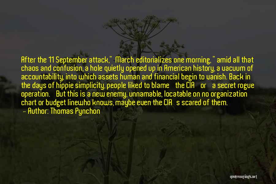 Thomas Pynchon Quotes: After The 11 September Attack, March Editorializes One Morning, Amid All That Chaos And Confusion, A Hole Quietly Opened Up