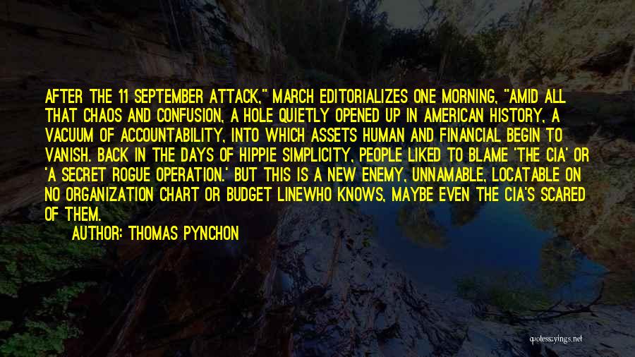 Thomas Pynchon Quotes: After The 11 September Attack, March Editorializes One Morning, Amid All That Chaos And Confusion, A Hole Quietly Opened Up