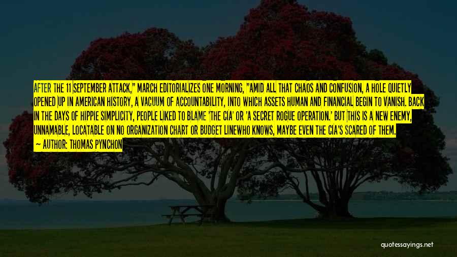 Thomas Pynchon Quotes: After The 11 September Attack, March Editorializes One Morning, Amid All That Chaos And Confusion, A Hole Quietly Opened Up