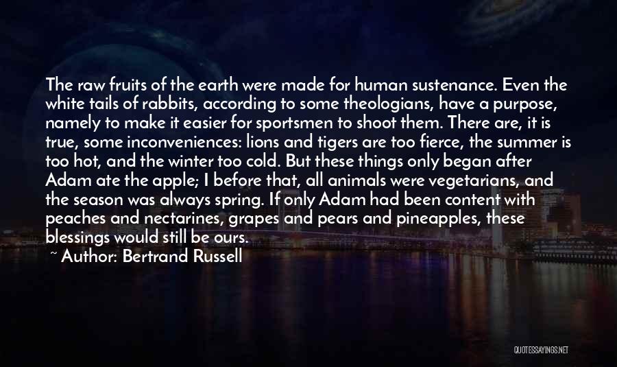 Bertrand Russell Quotes: The Raw Fruits Of The Earth Were Made For Human Sustenance. Even The White Tails Of Rabbits, According To Some