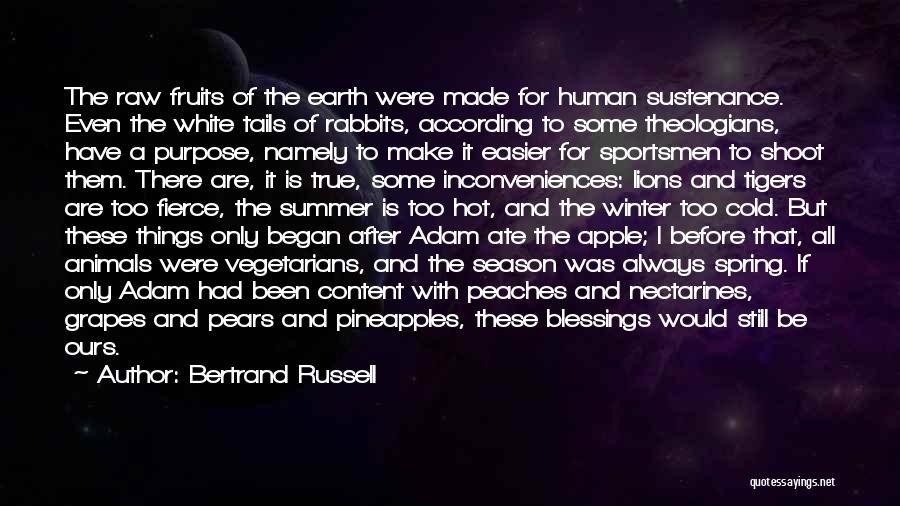 Bertrand Russell Quotes: The Raw Fruits Of The Earth Were Made For Human Sustenance. Even The White Tails Of Rabbits, According To Some