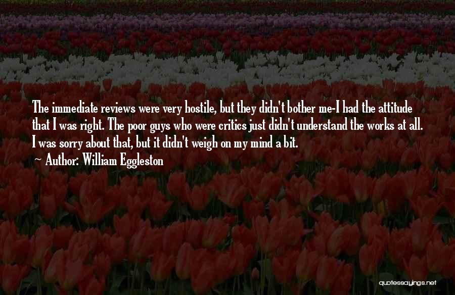 William Eggleston Quotes: The Immediate Reviews Were Very Hostile, But They Didn't Bother Me-i Had The Attitude That I Was Right. The Poor