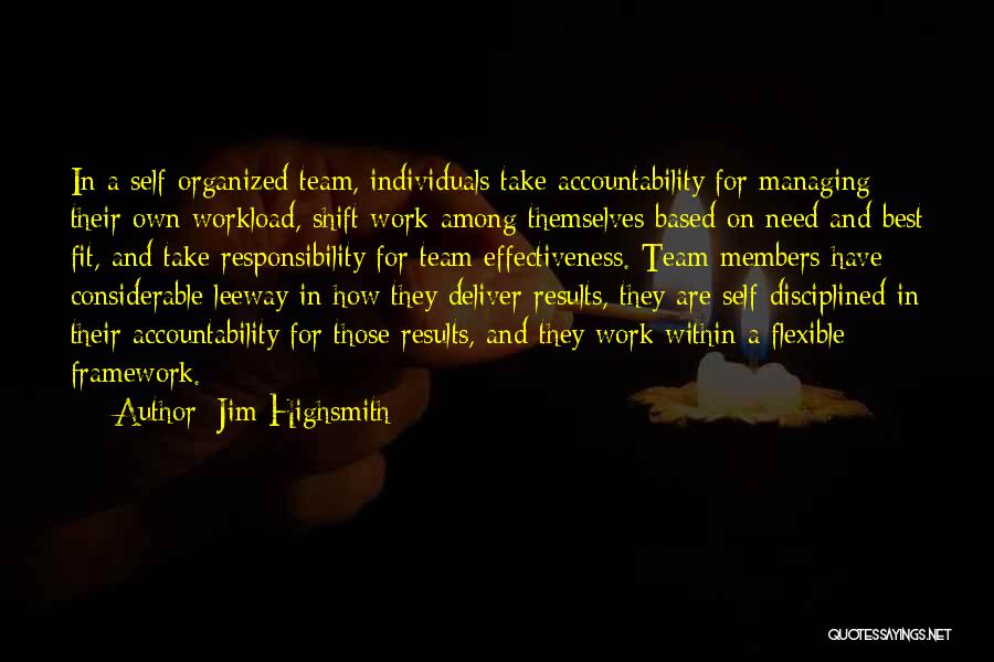 Jim Highsmith Quotes: In A Self-organized Team, Individuals Take Accountability For Managing Their Own Workload, Shift Work Among Themselves Based On Need And