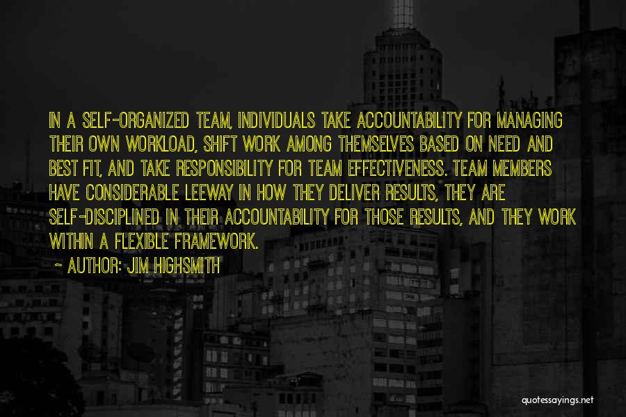 Jim Highsmith Quotes: In A Self-organized Team, Individuals Take Accountability For Managing Their Own Workload, Shift Work Among Themselves Based On Need And