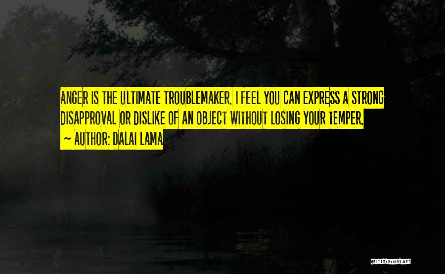 Dalai Lama Quotes: Anger Is The Ultimate Troublemaker. I Feel You Can Express A Strong Disapproval Or Dislike Of An Object Without Losing