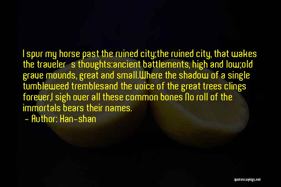 Han-shan Quotes: I Spur My Horse Past The Ruined City;the Ruined City, That Wakes The Traveler's Thoughts:ancient Battlements, High And Low;old Grave