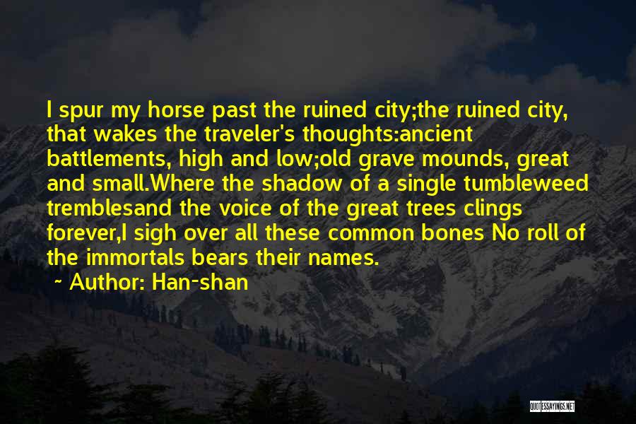 Han-shan Quotes: I Spur My Horse Past The Ruined City;the Ruined City, That Wakes The Traveler's Thoughts:ancient Battlements, High And Low;old Grave