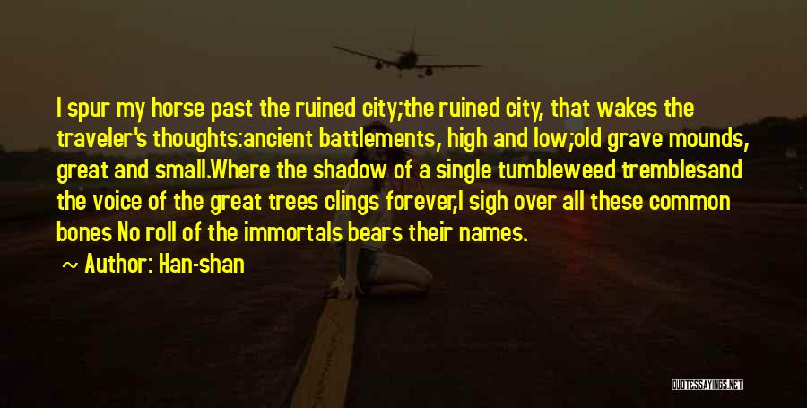 Han-shan Quotes: I Spur My Horse Past The Ruined City;the Ruined City, That Wakes The Traveler's Thoughts:ancient Battlements, High And Low;old Grave