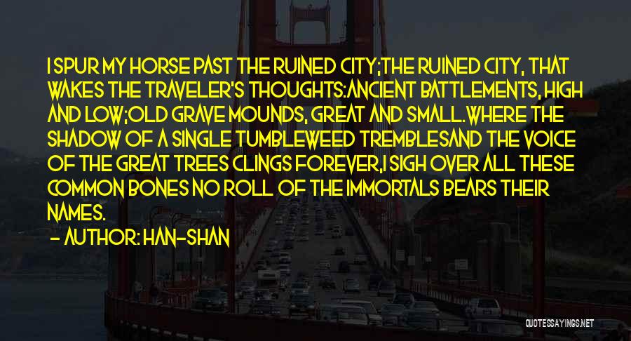 Han-shan Quotes: I Spur My Horse Past The Ruined City;the Ruined City, That Wakes The Traveler's Thoughts:ancient Battlements, High And Low;old Grave