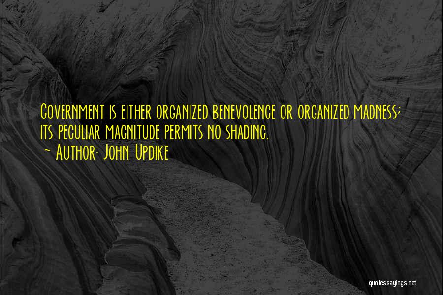 John Updike Quotes: Government Is Either Organized Benevolence Or Organized Madness; Its Peculiar Magnitude Permits No Shading.