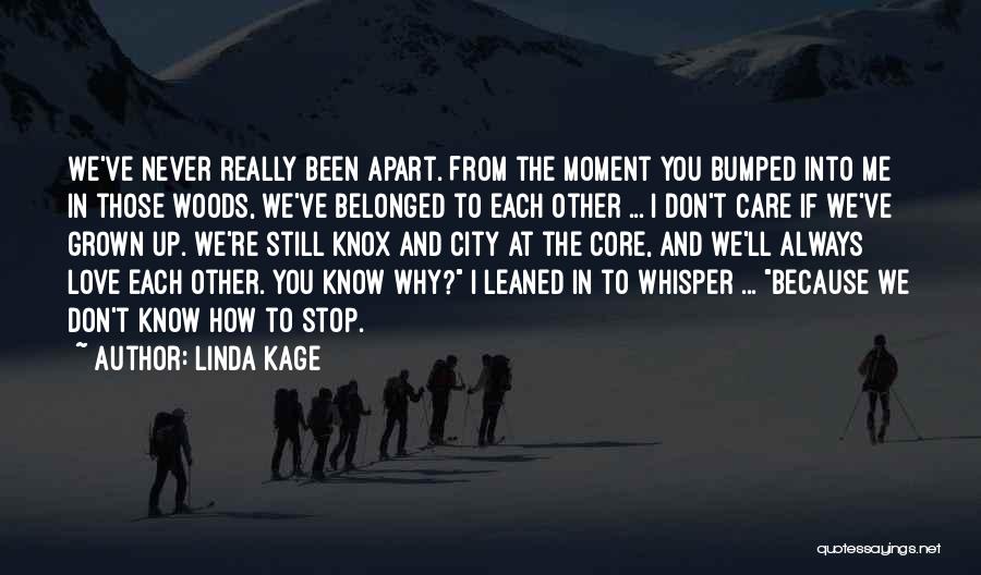 Linda Kage Quotes: We've Never Really Been Apart. From The Moment You Bumped Into Me In Those Woods, We've Belonged To Each Other